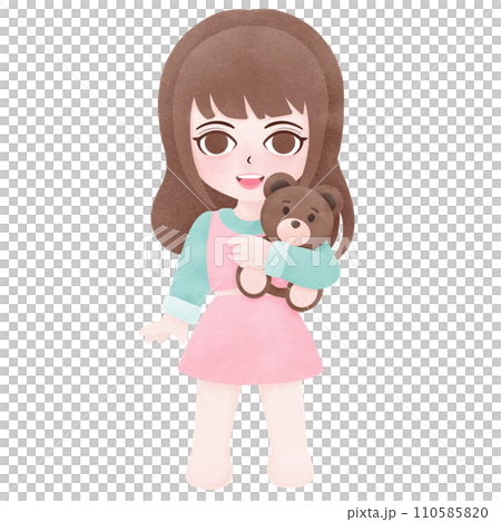 Girl holding and hugging teddy bear watercolor clip art 110585820