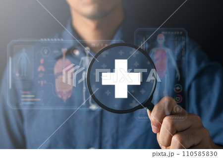 Magnifier and medical icon for medical healthcare check and health insurance concept Magnifier and medical icon for medical healthcare check and health insurance concept 110585830