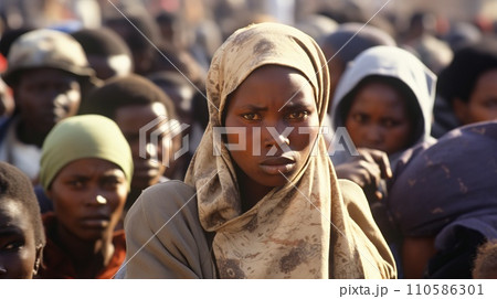A crowd of  African immigrants crossing the border. Portrait of poor African refugees at the country border line. Impoverished Africans escaping their country. A massive group of refugees. A crowd of  African immigrants crossing the border. Portrait of poor African refugees at the country border line. Impoverished Africans escaping their country. A massive group of refugees. 110586301