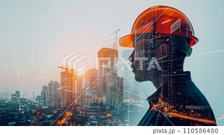 日の出時、建設現場で設計図を議論する建設チーム、夜明けの空に映えるシルエット。 110586480