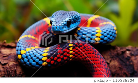 Closeup image of a blue and red snake. Wildlife image of a Blue Coral Snake. Portrait of a beautiful striped snake with black eyes crawling on a forest floor. Wildlife profile image of a blue snake. 110586504