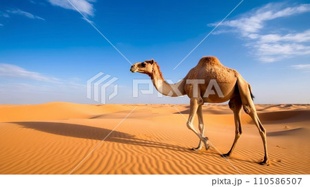 Camel walking in the desert looking forward. Wildlife image of a camel walking in the sun on the background of a desert. Big camel standing in the sand in a desert and looking to the side. Camel walking in the desert looking forward. Wildlife image of a camel walking in the sun on the background of a desert. Big camel standing in the sand in a desert and looking to the side. 110586507