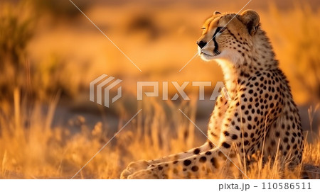 Profile portrait of a cheetah lying in the savannah on a blurred background. Wildlife image of a cheetah looking to the side. Profile portrait of a cheetah lying down. Profile portrait of a cheetah lying in the savannah on a blurred background. Wildlife image of a cheetah looking to the side. Profile portrait of a cheetah lying down. 110586511