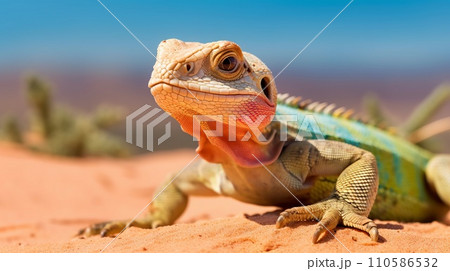Closeup image of a lizard in a desert. Wildlife image of a colorful lizard . Portrait of a beautiful lizard crawling through sand. Profile portrait of a desert lizard moving forward. Closeup image of a lizard in a desert. Wildlife image of a colorful lizard . Portrait of a beautiful lizard crawling through sand. Profile portrait of a desert lizard moving forward. 110586532