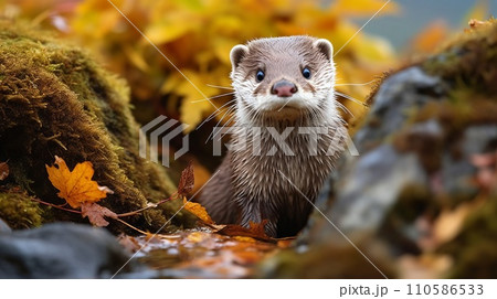 A wet otter sitting on a tree branch looking at the camera. Wildlife image of a beautiful otter sitting in an autumn forest near the water. Closeup of a cute wet otter in the woods looking forward. 110586533