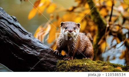 A wet otter sitting on a tree branch looking at the camera. Wildlife image of a beautiful otter sitting in an autumn forest near the water. Closeup of a cute wet otter in the woods looking forward. 110586534