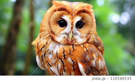 Closeup of an owl sitting on a tree branch looking at the camera. Wildlife image of a beautiful red owl sitting on a branch. Owl with orange white feathers sitting on a blurred background. 110586535