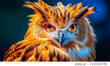 Closeup of an owl sitting on a tree branch looking at the camera. Wildlife image of a beautiful red owl sitting on a branch. Owl with orange white feathers sitting on a blurred background. 110586536