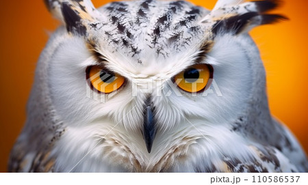 Closeup of a white owl with yellow eyes looking at the camera. Wildlife image of a beautiful white owl sitting on a branch. Owl with gray feathers sitting on a blurred background. 110586537