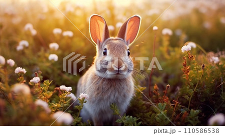 Closeup of a hare in a forest looking to the side. Wildlife image of a beautiful bunny sitting in a green forest on a blurred background. Closeup of a cute rabbit in the woods looking forward. 110586538