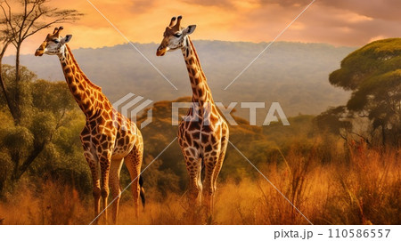 Closeup image of two giraffes in the savannah. Portrait of giraffes in the wild. Wildlife image of two giraffes standing in the sun. Closeup image of two giraffes in the savannah. Portrait of giraffes in the wild. Wildlife image of two giraffes standing in the sun. 110586557