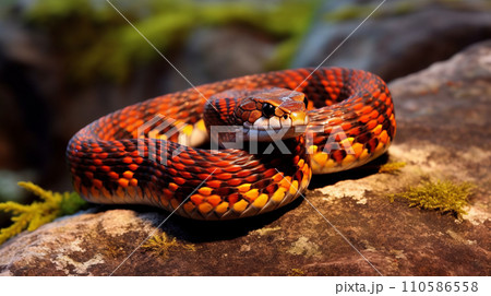 Closeup image of an Adder Snake. Wildlife image of a red snake. Portrait of an orange snake with a beautiful pattern crawling on a forest floor. Wildlife image of an Adder snake looking to the side. 110586558