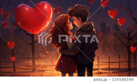 A happy young couple with red heart shaped balloons illustration. Valentine's Day concept art. Happy loving couple ready for Valentine's Day. Art of a A romantic pair on Valentine's day. 110586599