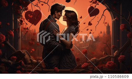 A happy young couple with red heart shaped balloons illustration. Valentine's Day concept art. Happy loving couple ready for Valentine's Day. Art of a A romantic pair on Valentine's day. 110586609