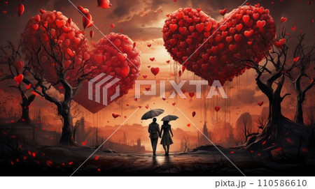 A happy young couple with red heart shaped balloons illustration. Valentine's Day concept art. Happy loving couple ready for Valentine's Day. Art of a A romantic pair on Valentine's day. 110586610