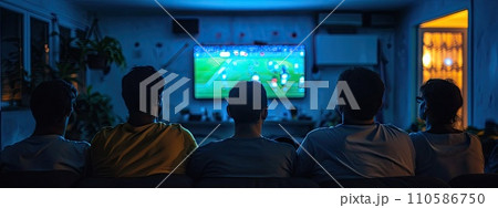 AI-generated content. Group of people, friends sitting on couch and watching football match translation online on TV in the evening. Sport fans cheering up team AI-generated content. Group of people, friends sitting on couch and watching football match translation online on TV in the evening. Sport fans cheering up team 110586750