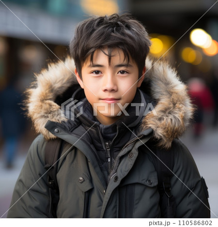 Asian teenage boy in a black winter coat. Portrait of a teenager in a jacket smiling on the background of a snowy winter street looking at the camera. Happy Japanese boy wearing warm winter clothes. Asian teenage boy in a black winter coat. Portrait of a teenager in a jacket smiling on the background of a snowy winter street looking at the camera. Happy Japanese boy wearing warm winter clothes. 110586802