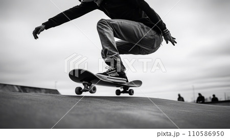 Black and white shot teenagers skating outside on a bright summer day. Young adults skating through the streets. Modern sports. Proffesional performing a dangerous trick. Black and white shot teenagers skating outside on a bright summer day. Young adults skating through the streets. Modern sports. Proffesional performing a dangerous trick. 110586950