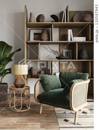 Cozy reading nook with a velvet green armchair and natural wood bookshelf filled with eclectic decor Cozy reading nook with a velvet green armchair and natural wood bookshelf filled with eclectic decor 110587943