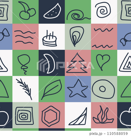 pattern with icons, various items on different topics. It can be used as a print for fabrics, banners and posters. 110588059
