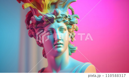 AI-generated content. white sculpture of an abstract greek deity brightly lit with neon colors, neural network generated image 110588317