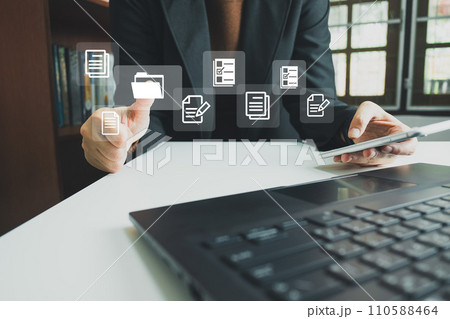 Document Management System DMS, Online document database management, Organization document Organized, automated processes to manage files, ERP enterprise efficient, business technology. 110588464