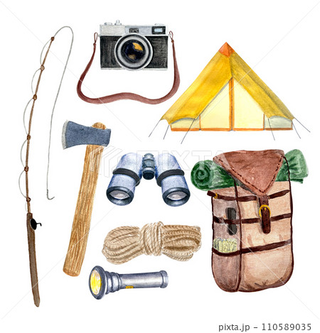 Watercolor camping set isolated on white Watercolor camping set isolated on white 110589035