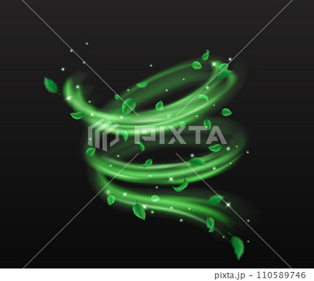 Green leaves and sparkles whirling flow vector illustration Green leaves and sparkles whirling flow vector illustration 110589746