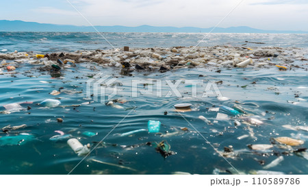 AI-generated content. plastic garbage floating on ocean surface at daylight, neural network generated image 110589786