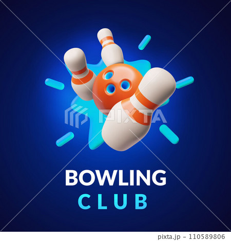Bowling ball strike hit falling pin skittles, 3D bowling play target, winning movement, Bowling club vector poster 110589806
