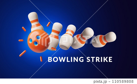Bowling ball strike hit falling pin skittles, 3D bowling play target, winning movement, Bowling strike vector banner 110589808