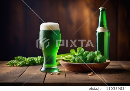 AI-generated content. St. Patrick's Day, concept. One glass of green Irish beer with foam and a bottle of green beer stand on a wooden table, in a plate there is a hop plant. 110589834