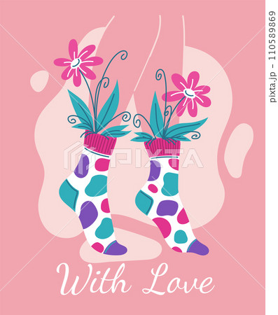 Girly legs dressed in socks decorated with multi-colored spots cool print, With love vector positive poster with flower 110589869
