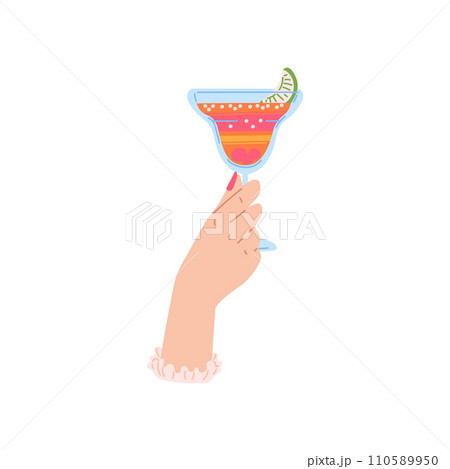 Female hand holds a glass with a cocktail, vector illustration on white 110589950