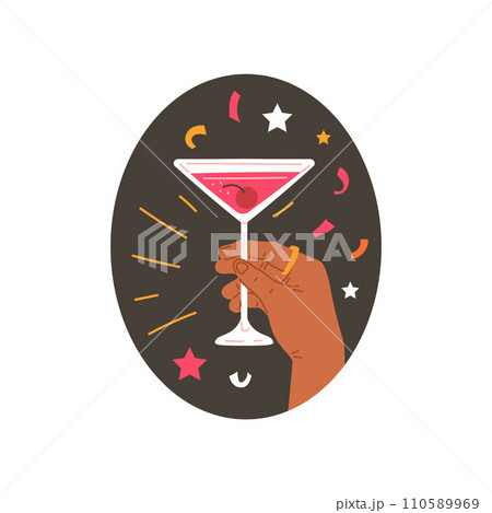 Hand holding cocktail glass, alcohol pink beverage with cherry, margarita or martini drink vector party bar cocktail 110589969