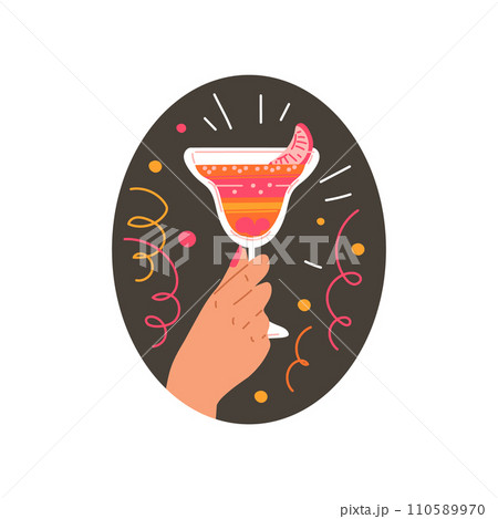Woman hand holding cocktail glass, vector alcohol pink beverage with citrus slice, margarita martini drink, serpentine Woman hand holding cocktail glass, vector alcohol pink beverage with citrus slice, margarita martini drink, serpentine 110589970