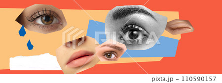 Sadness, social opinion and pressure. Surreal design with human face parts, eyes and lips. Contemporary art collage. Psychology and inner world Sadness, social opinion and pressure. Surreal design with human face parts, eyes and lips. Contemporary art collage. Psychology and inner world 110590157