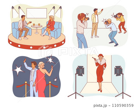 Cartoon celebrities. Popular people, worldwide fan love, getting on red carpet, paparazzi attack, public figures, journalist interview, arts culture wealthy characters, isolated vector set Cartoon celebrities. Popular people, worldwide fan love, getting on red carpet, paparazzi attack, public figures, journalist interview, arts culture wealthy characters, isolated vector set 110590359