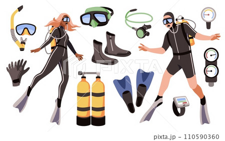Cartoon diving equipment. Male and female divers in suits and scuba gear, fins, underwater masks, oxygen tanks, people swimming, extreme sea sport, ocean adventures tidy vector isolated set 110590360