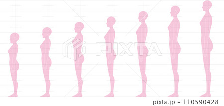 横から見た人間の身長バランス。 6頭身7頭身8頭身9頭身の 女性体形のイラスト 110590428