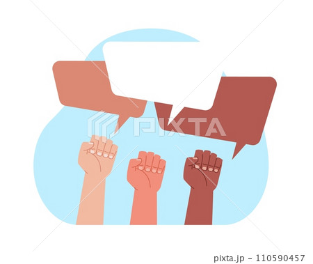 Raised up fists of people of different skin colors with speech bubbles. Community movement poster with copy space in box. Activist arms. Revolution cartoon flat isolated vector concept 110590457