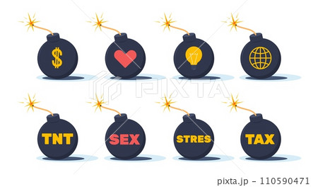 Set of round bombs with money, heart, light bulb, planet icons. Tax and tnt letters. Explosive dynamite with different symbols. Ready to explode weapon cartoon flat isolated vector illustration Set of round bombs with money, heart, light bulb, planet icons. Tax and tnt letters. Explosive dynamite with different symbols. Ready to explode weapon cartoon flat isolated vector illustration 110590471