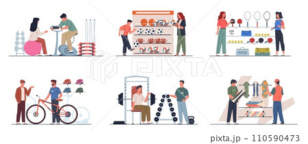 Shopping in sport store. People buy sporting goods, athletes and amateurs near stands with rackets, balls and dumbbells, happy customers and seller, cartoon isolated nowaday vector set Shopping in sport store. People buy sporting goods, athletes and amateurs near stands with rackets, balls and dumbbells, happy customers and seller, cartoon isolated nowaday vector set 110590473