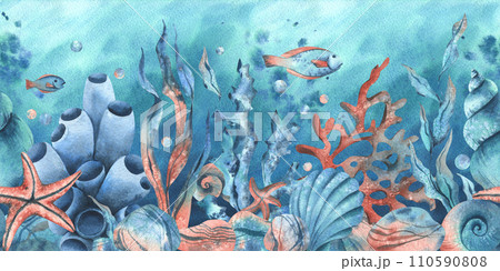 Underwater world clipart with sea animals whale, turtle, octopus, seahorse, starfish, shells, coral and algae. Hand drawn watercolor illustration. Seamless border on a marine background. 110590808