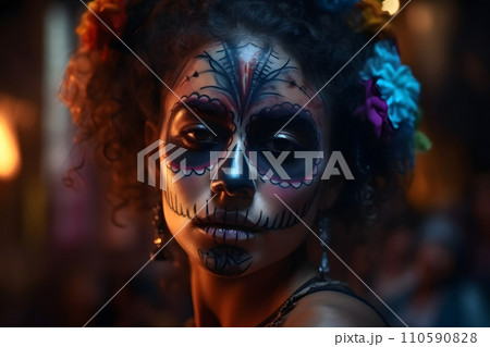 AI-generated content. cinematic photorealistic portrait of gorgeous woman sugar skull at day of the dead, neural network generated image AI-generated content. cinematic photorealistic portrait of gorgeous woman sugar skull at day of the dead, neural network generated image 110590828