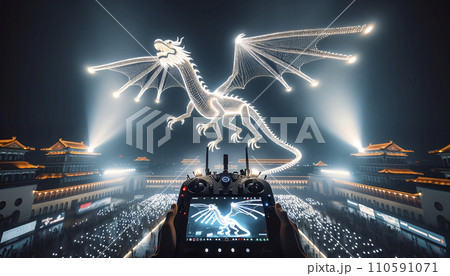 ドローンショー。飛翔する龍。AI画像。 ドローンショー。飛翔する龍。AI画像。 110591071