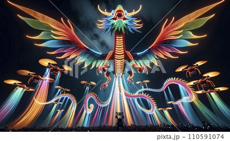 ドローンショー。飛翔する龍。AI画像。 110591074