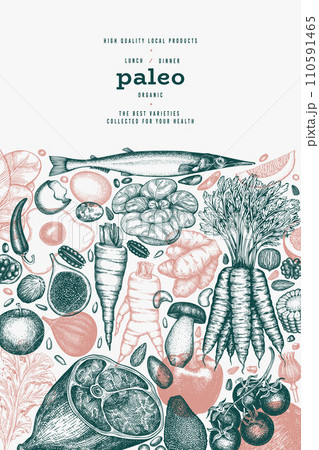 Paleo Diet Design Template. Vector Hand Drawn Healthy Food Banner. Vintage Style Menu Illustration. 110591465