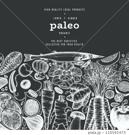 Paleo Diet Chalk Board Design Template. Vector Hand Drawn Healthy Food Banner. Vintage Style Menu Illustration. 110591473