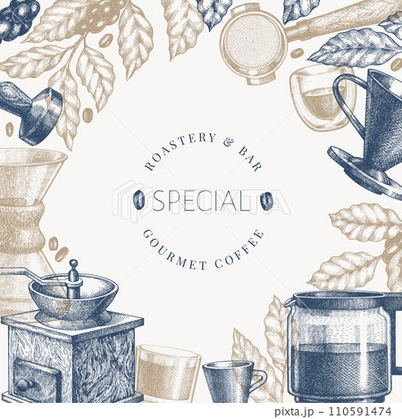 Alternative Coffee Makers Illustration. Vector Hand Drawn Specialty Coffee Equipment Banner. Vintage Style Coffee Bar Design Alternative Coffee Makers Illustration. Vector Hand Drawn Specialty Coffee Equipment Banner. Vintage Style Coffee Bar Design 110591474